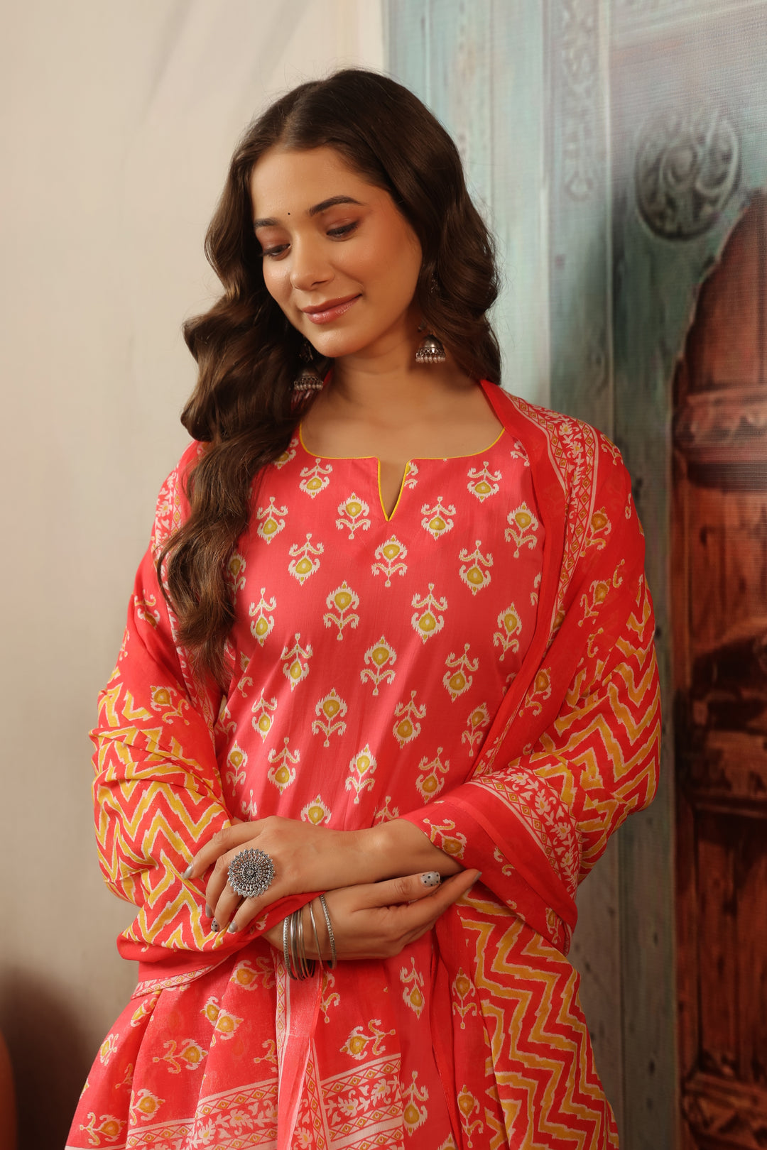 Peach Ikkat Straight Suit Set