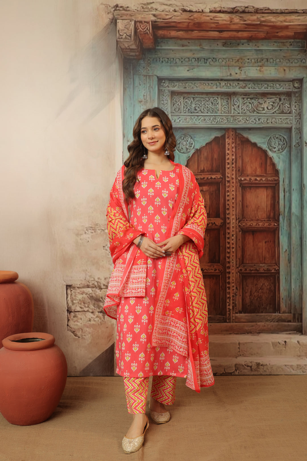 Peach Ikkat Straight Suit Set