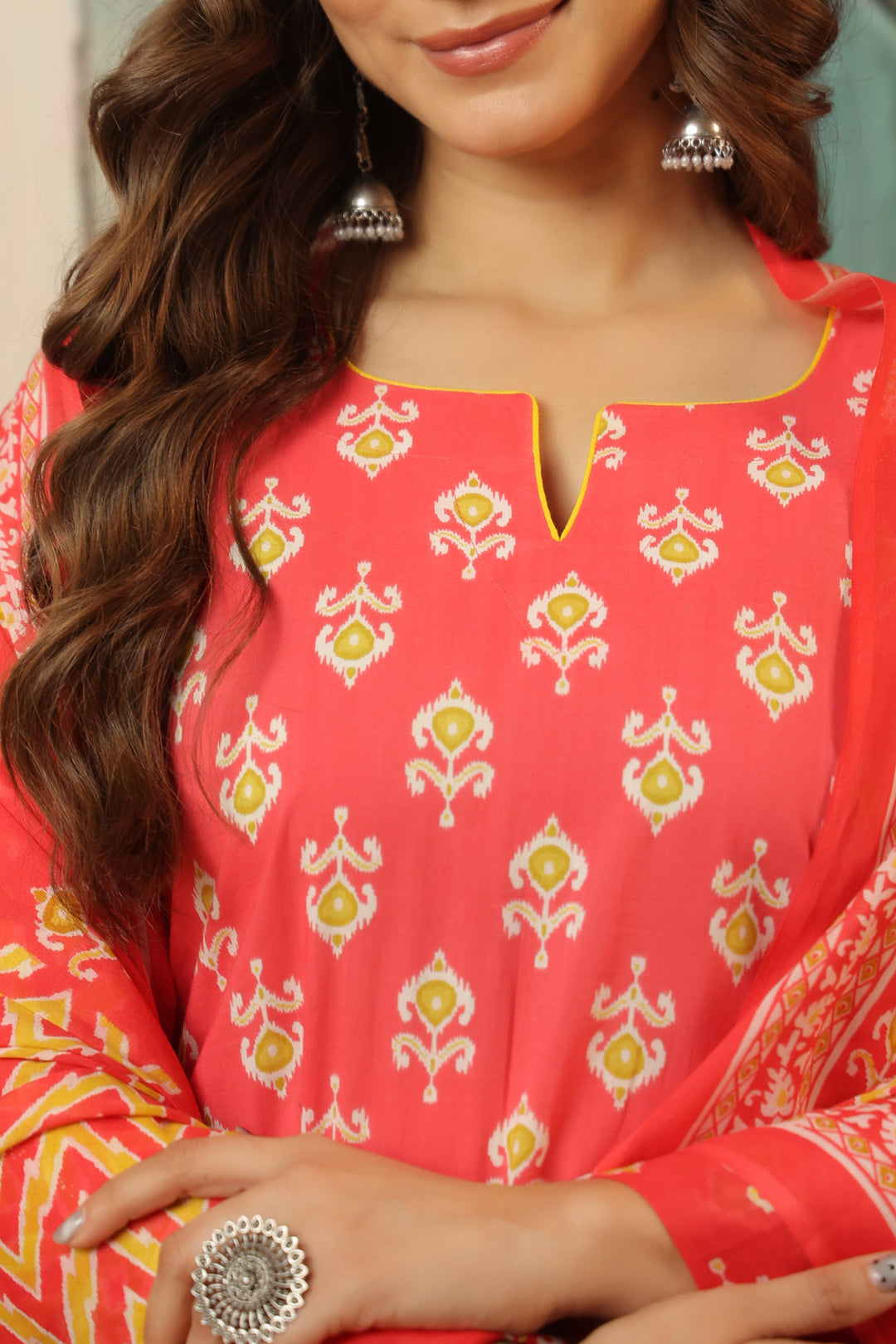 Peach Ikkat Straight Suit Set