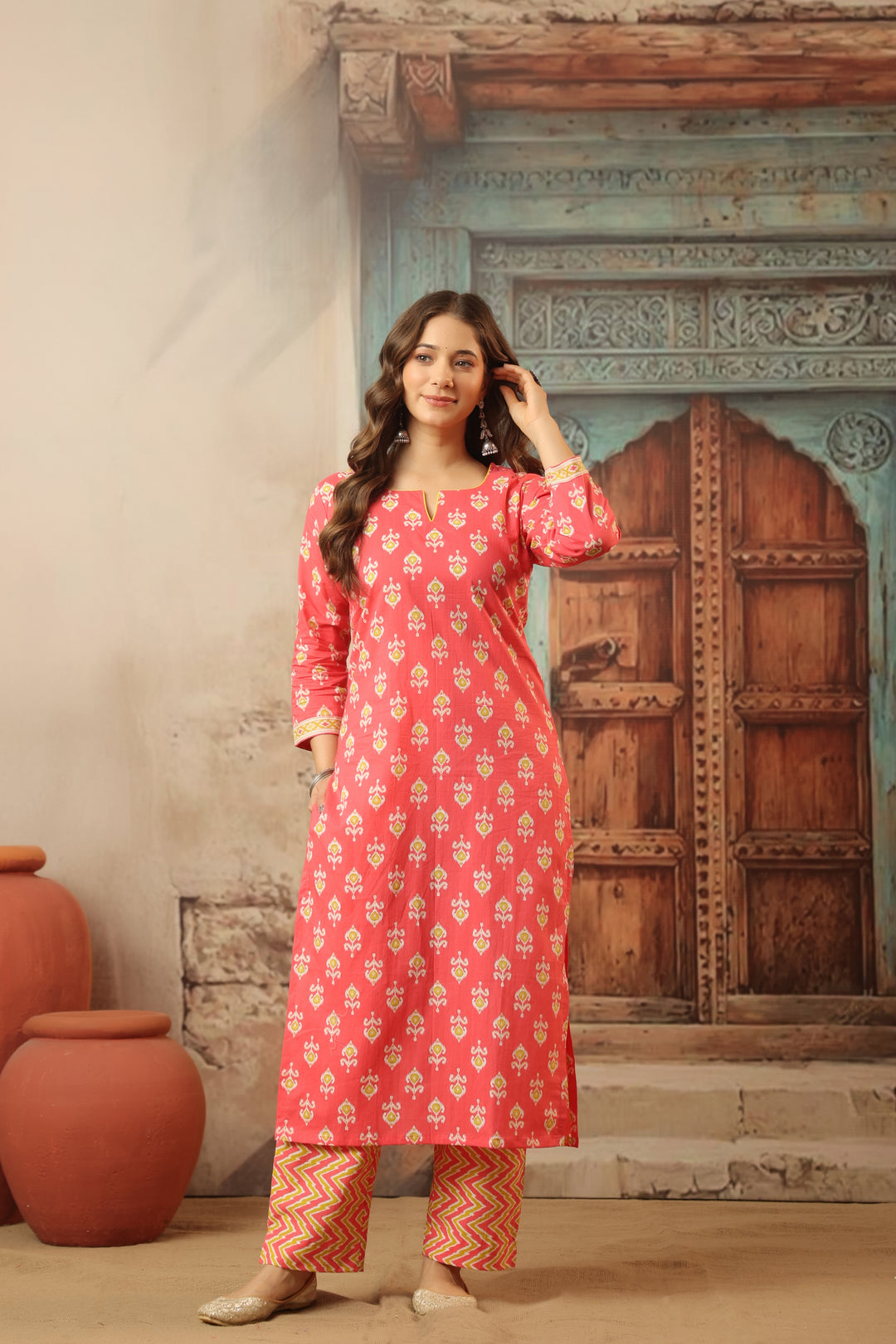 Peach Ikkat Straight Suit Set