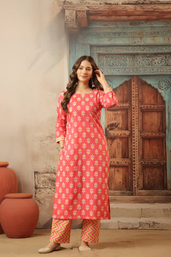 Peach Ikkat Straight Suit Set