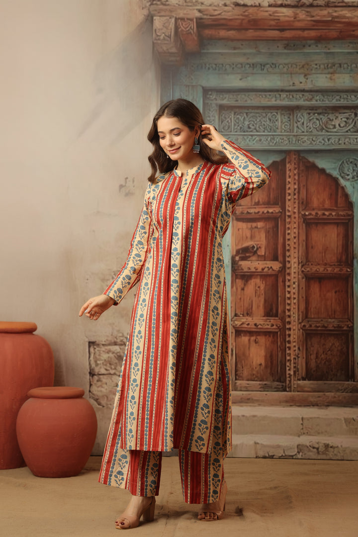 Red Floral Abstract Kurta Set