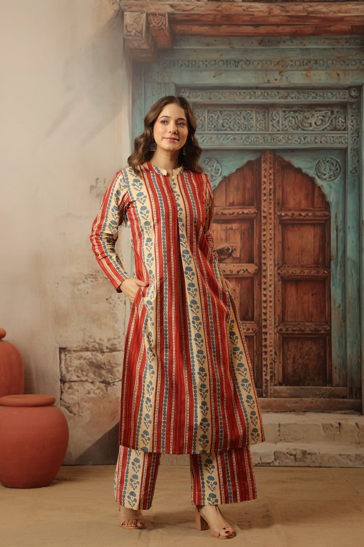 Red Floral Abstract Kurta Set