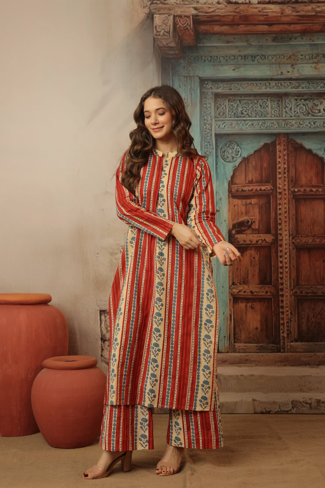 Red Floral Abstract Kurta Set