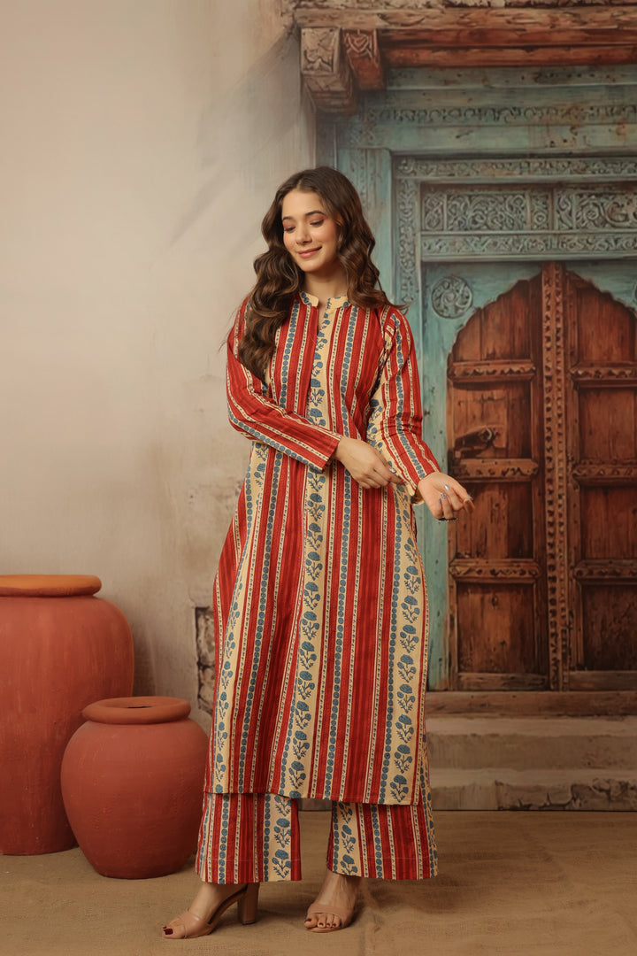 Red Floral Abstract Kurta Set