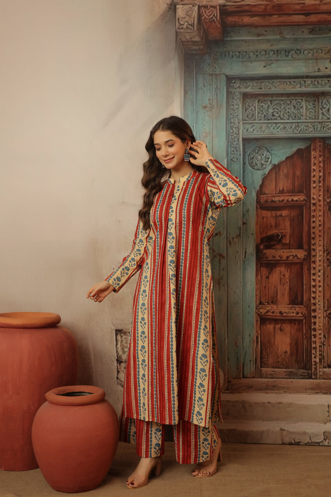 Red Floral Abstract Kurta Set