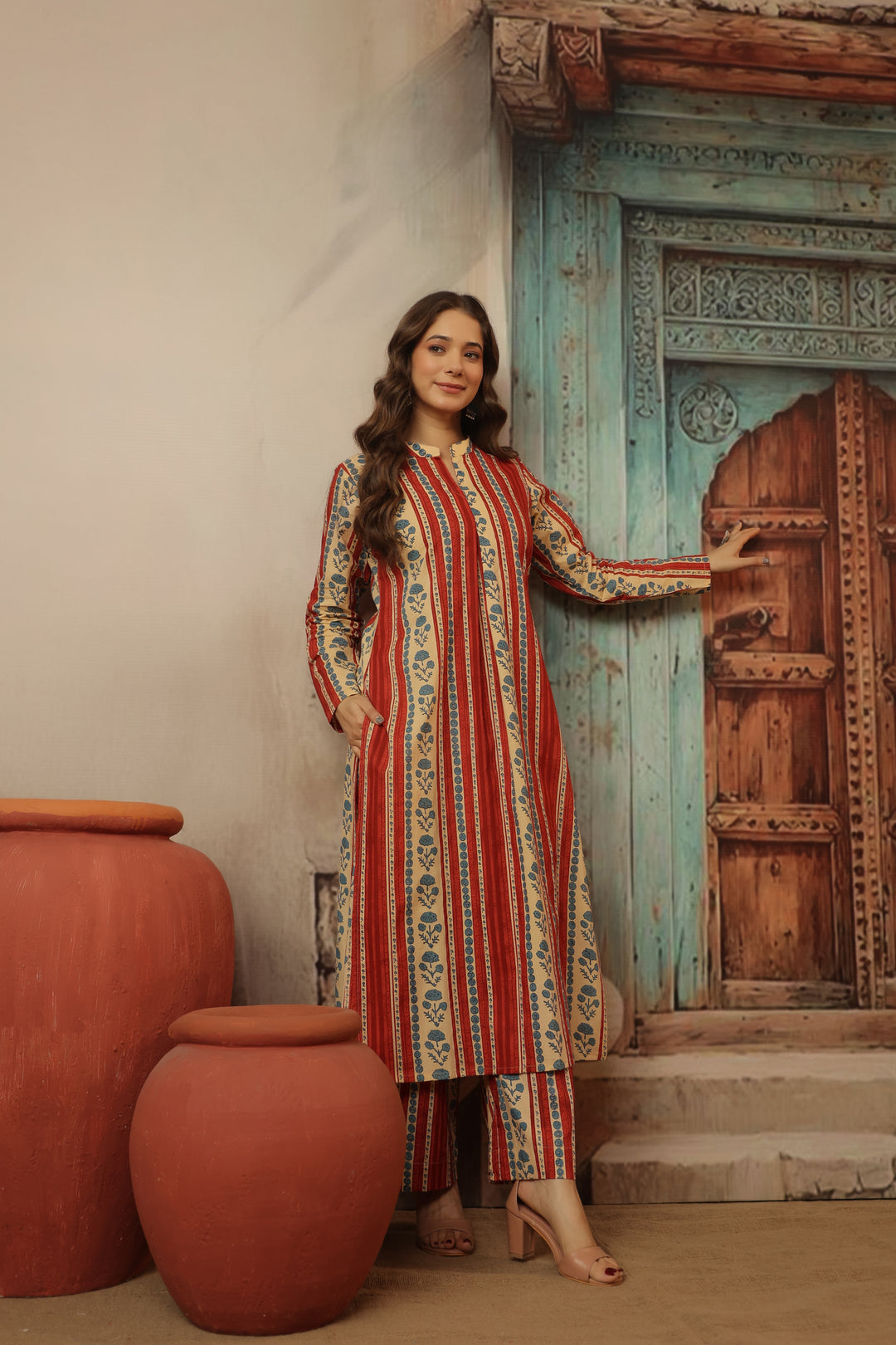 Red Floral Abstract Kurta Set