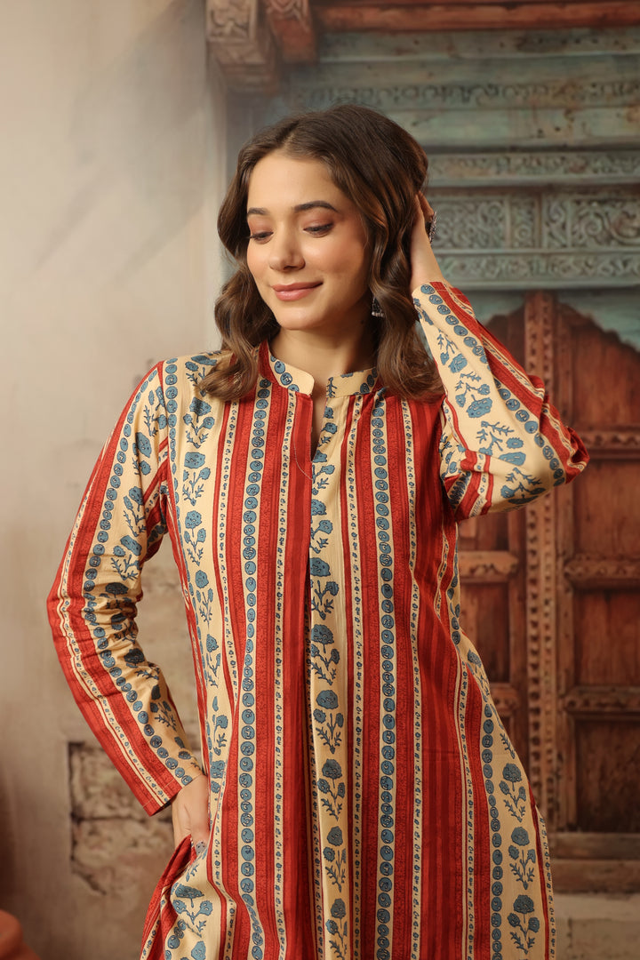 Red Floral Abstract Kurta Set