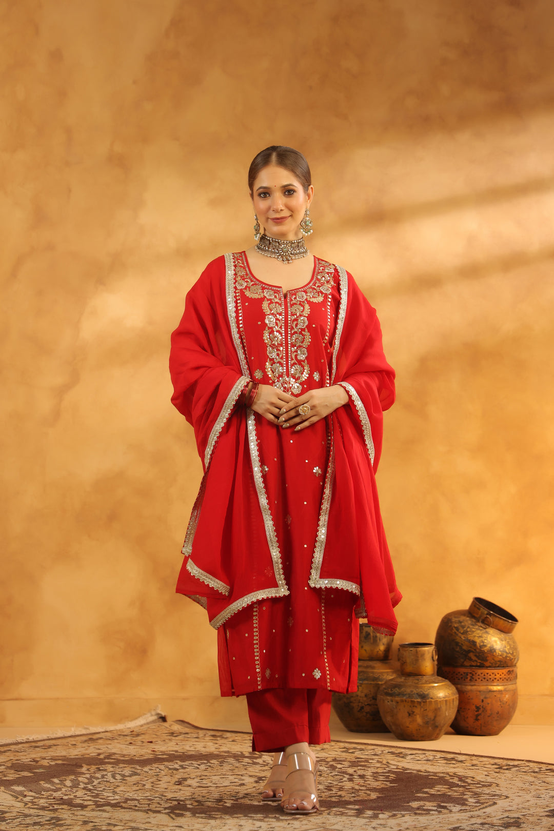 Raima Red Chanderi Gota Set