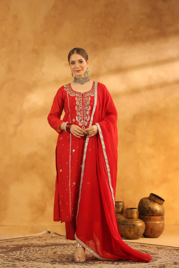 Raima Red Chanderi Gota Set