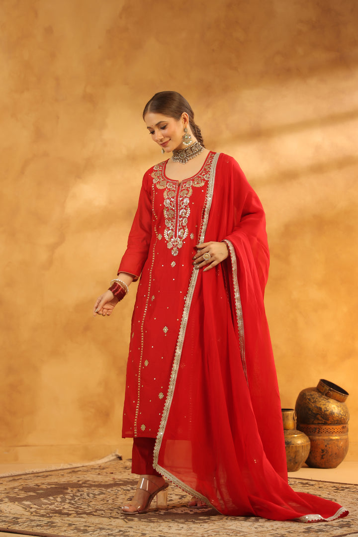 Raima Red Chanderi Gota Set