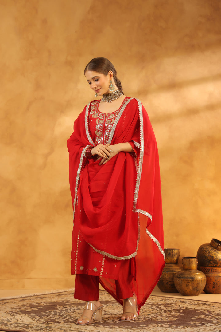 Raima Red Chanderi Gota Set