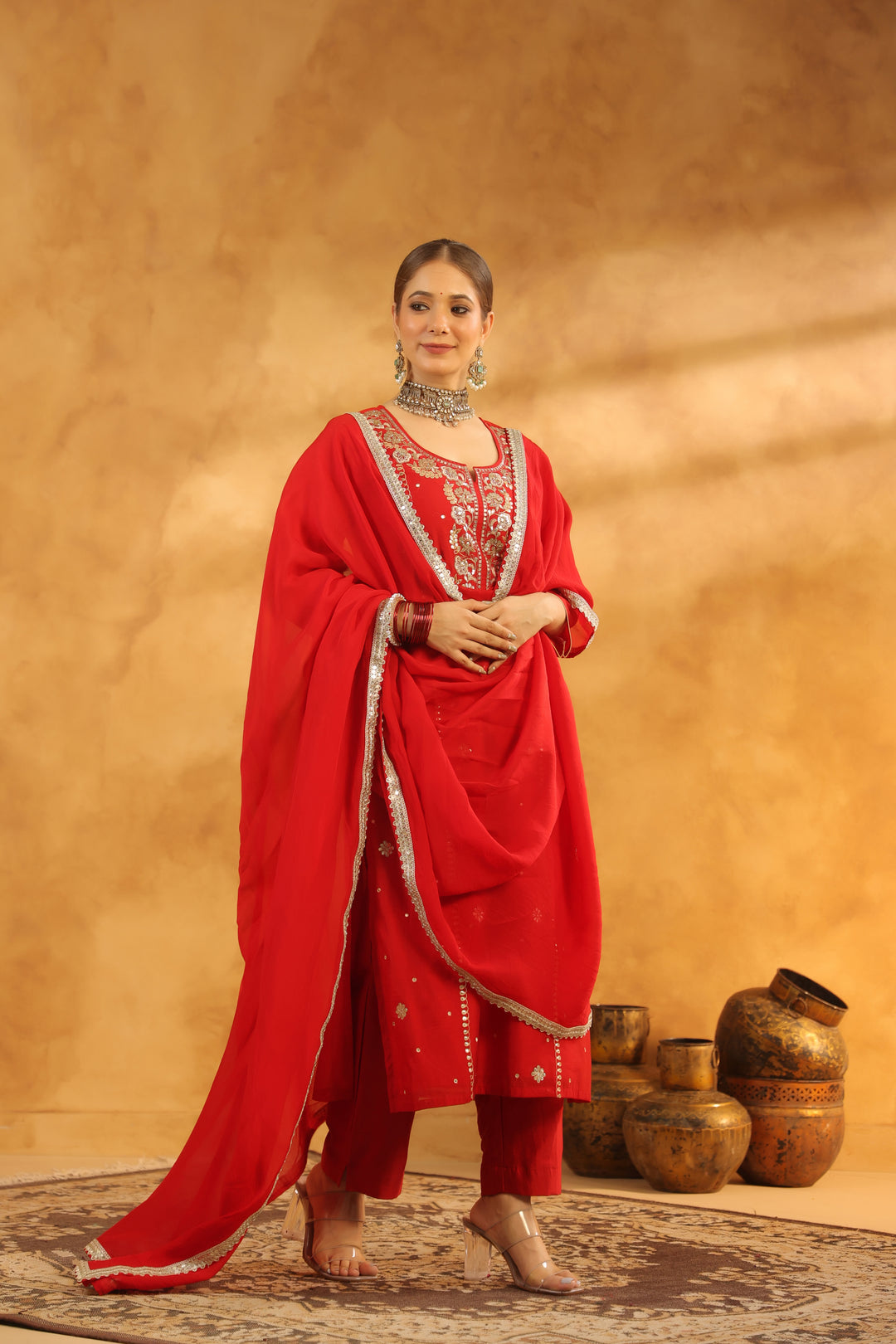 Raima Red Chanderi Gota Set