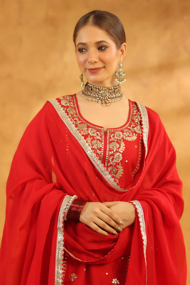 Raima Red Chanderi Gota Set