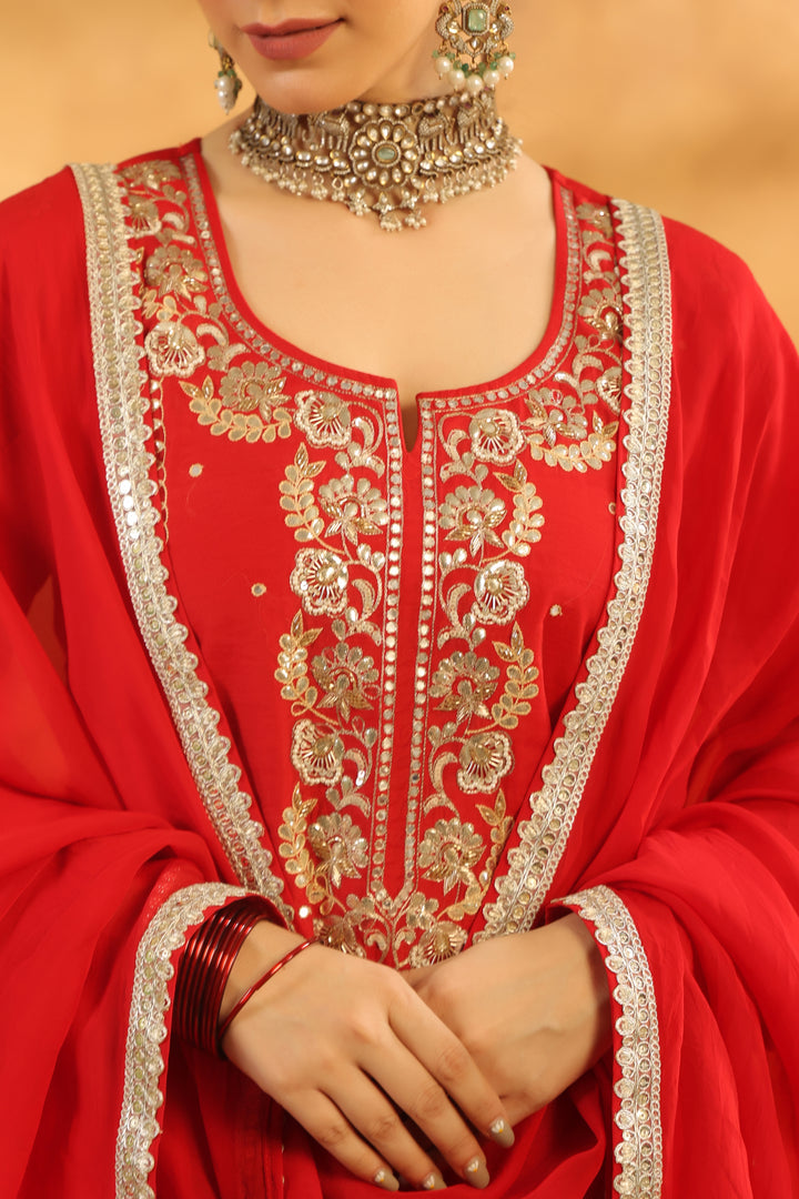 Raima Red Chanderi Gota Set