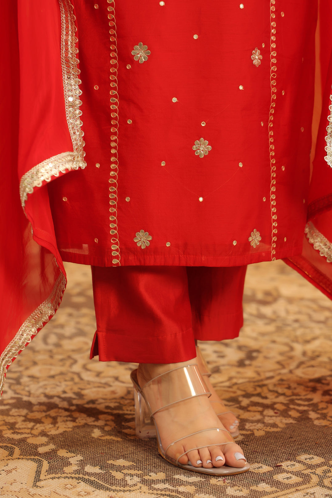 Raima Red Chanderi Gota Set