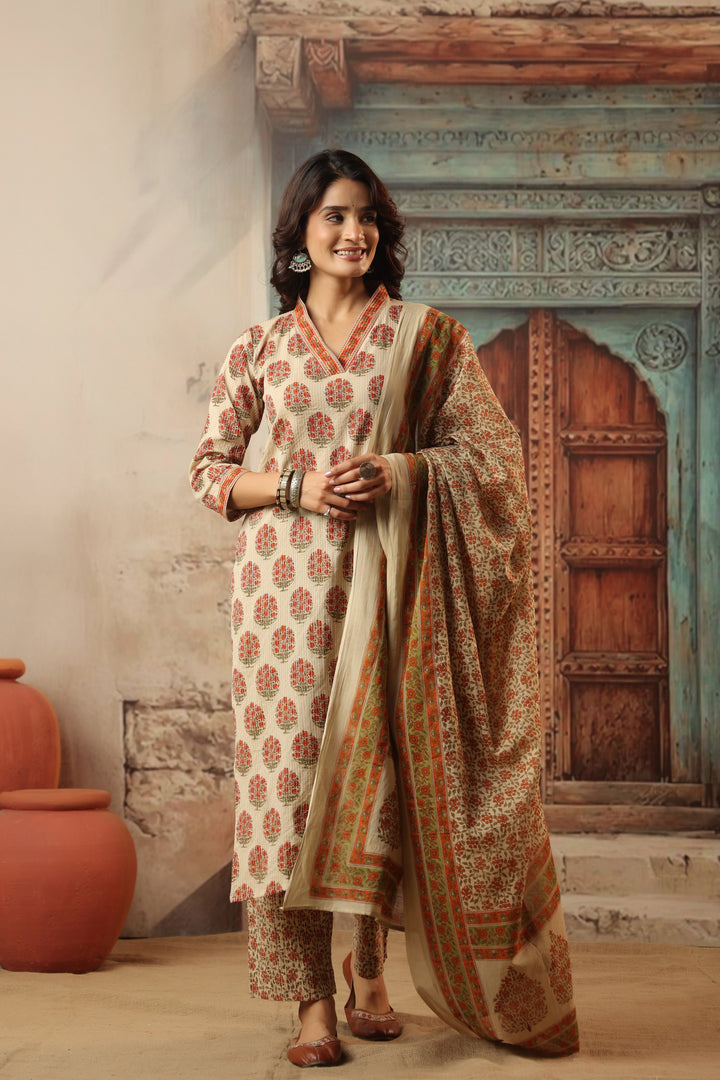 Indu Orange Straight Suit Set