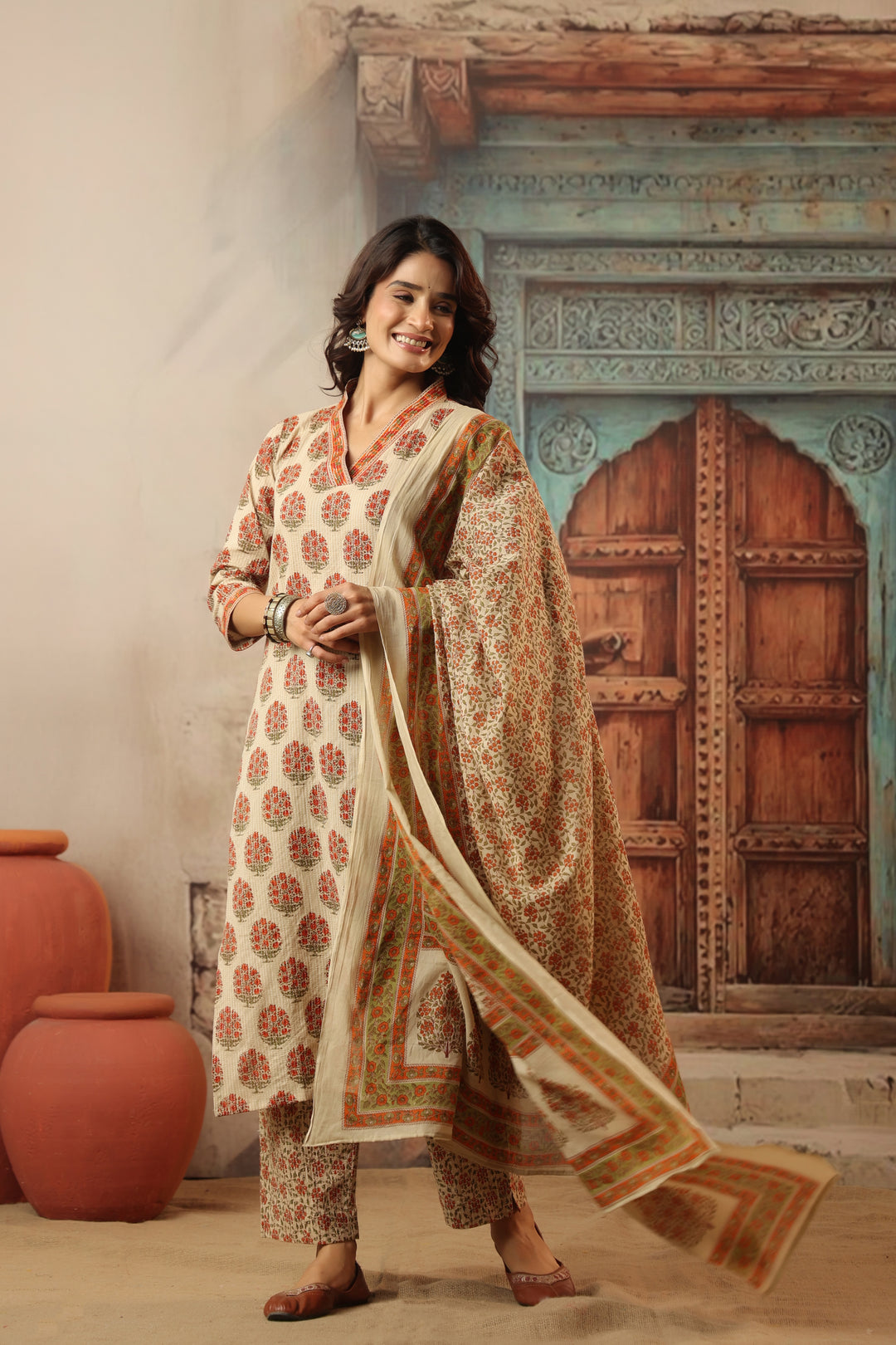 Indu Orange Straight Suit Set
