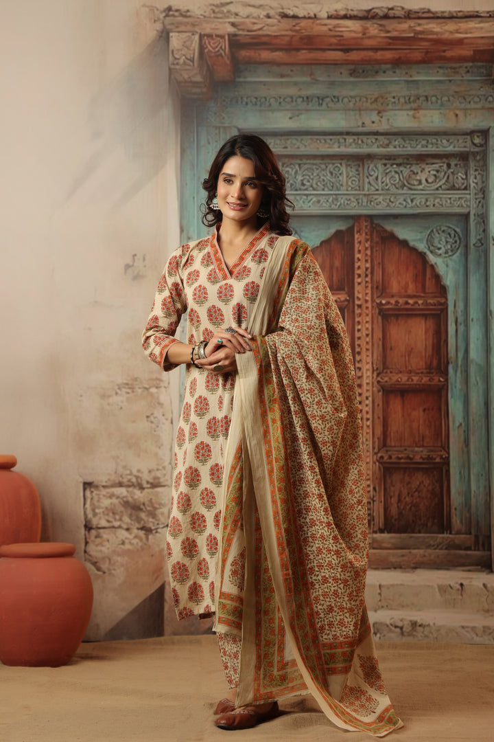 Indu Orange Straight Suit Set