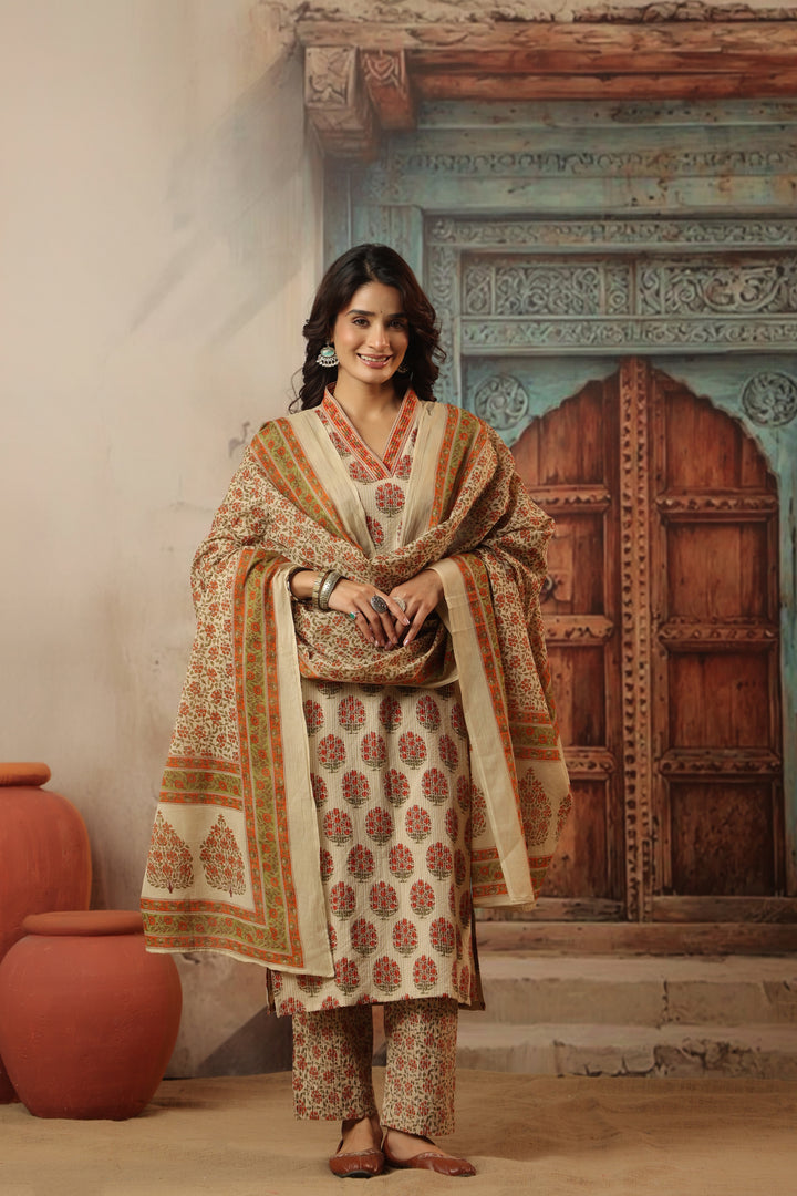 Indu Orange Straight Suit Set