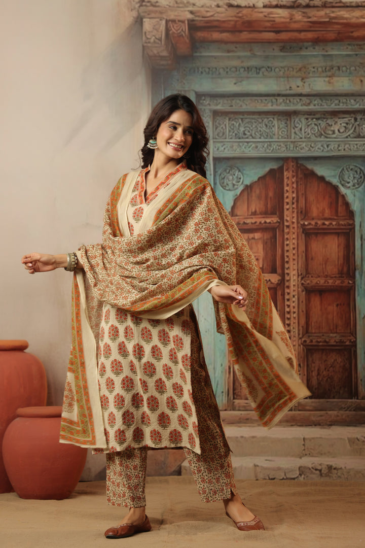 Indu Orange Straight Suit Set