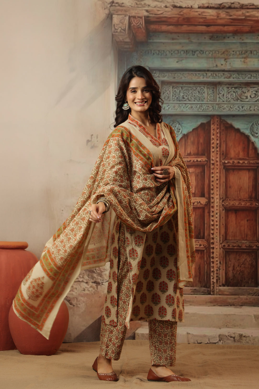 Indu Orange Straight Suit Set