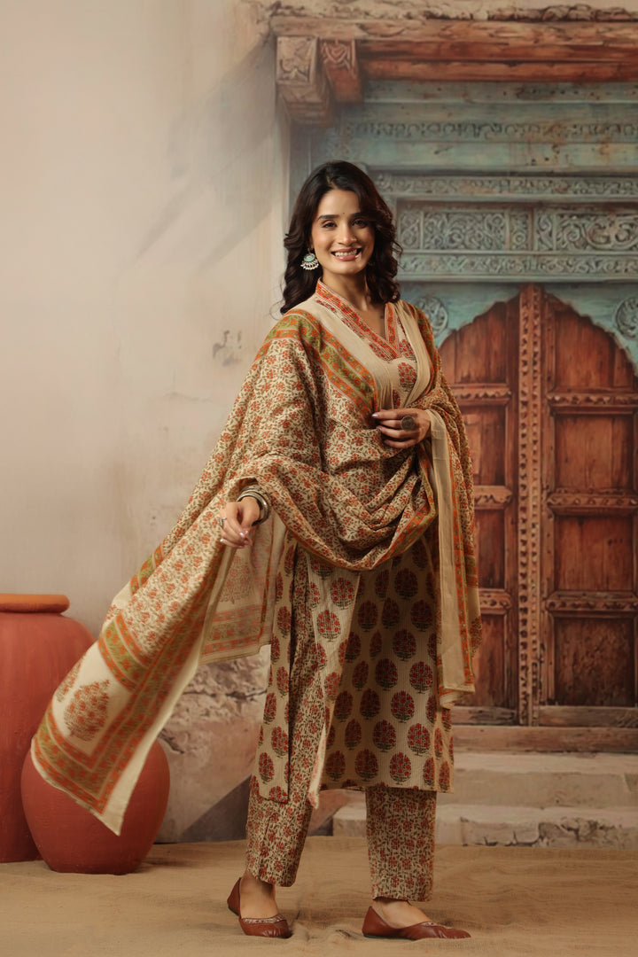 Indu Orange Straight Suit Set