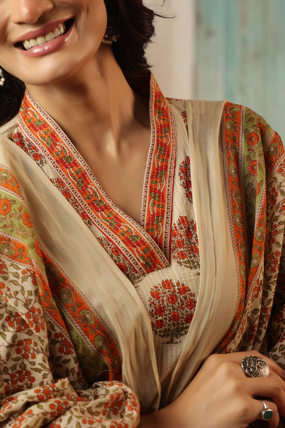 Indu Orange Straight Suit Set