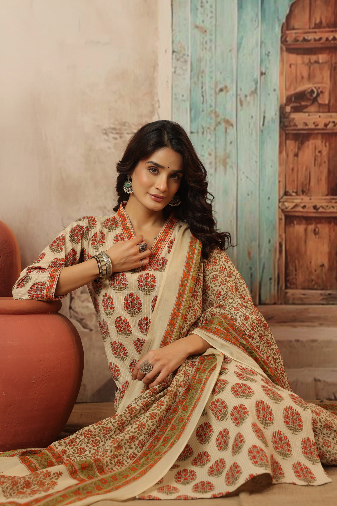 Indu Orange Straight Suit Set