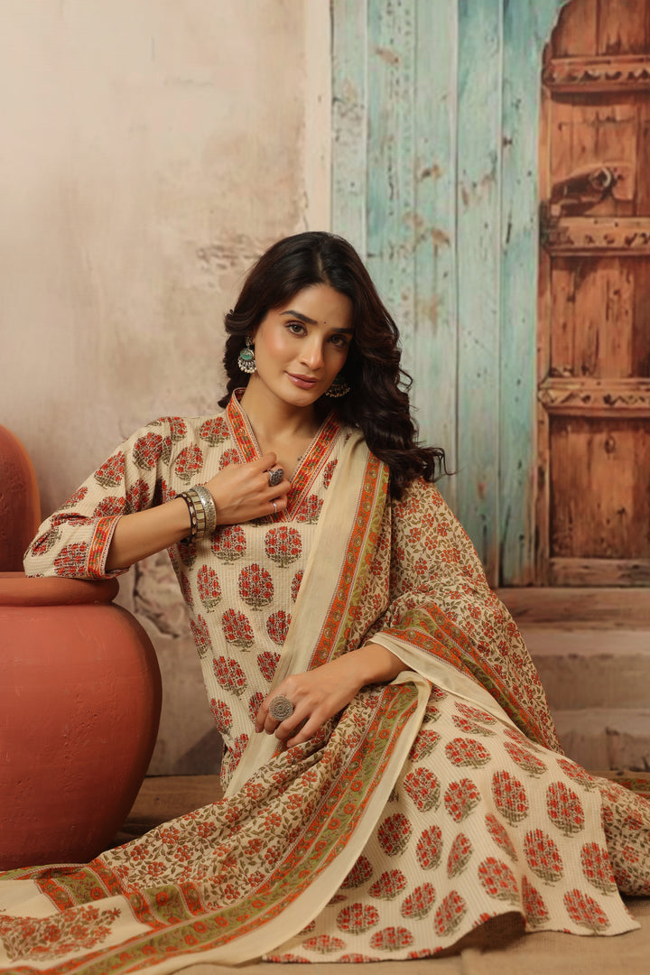 Indu Orange Straight Suit Set