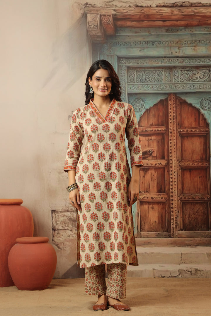 Indu Orange Straight Suit Set