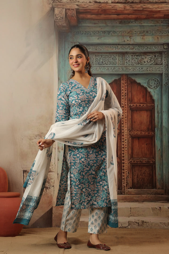 Raksha Blue Cotton Suit Set