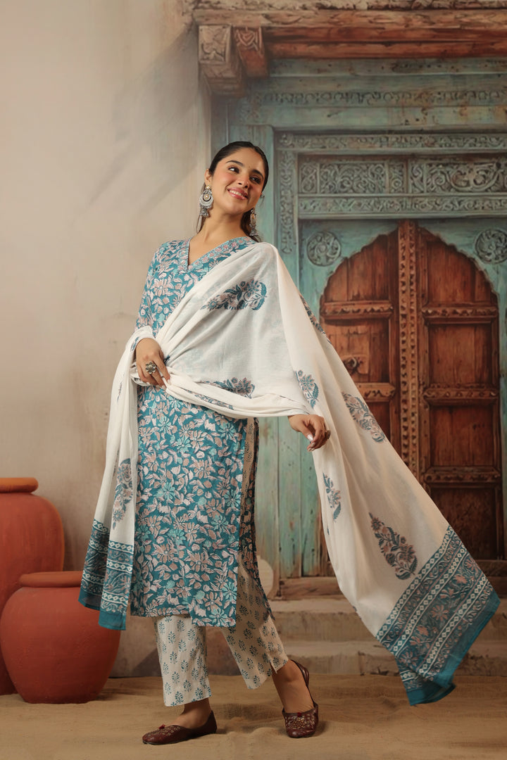 Raksha Blue Cotton Suit Set