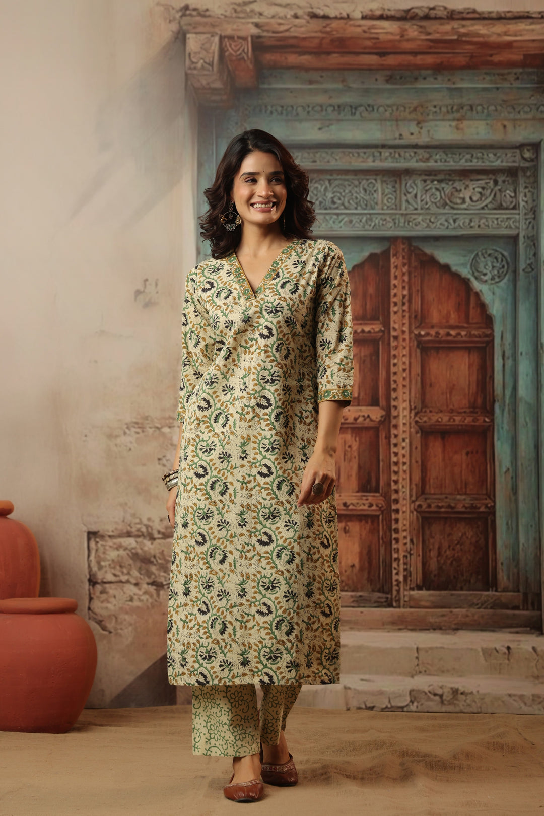 Gauri Beige Bagru Suit Set