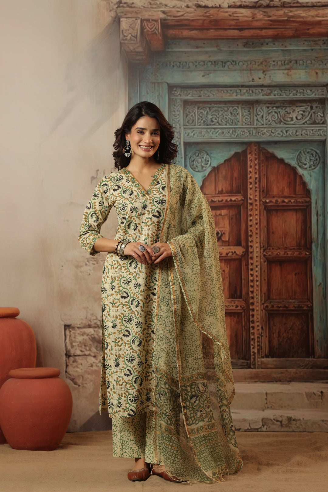 Gauri Beige Bagru Suit Set