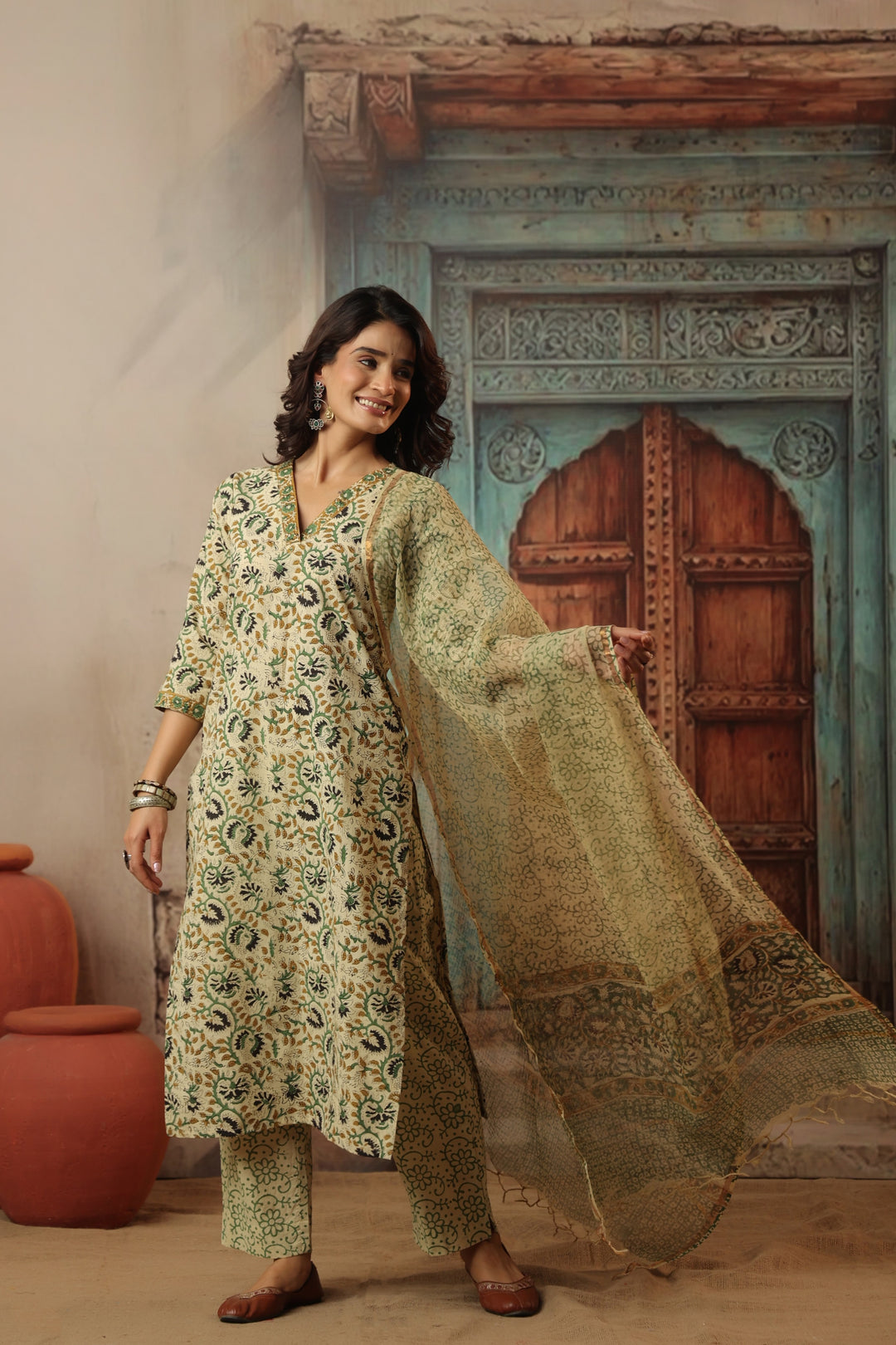 Gauri Beige Bagru Suit Set