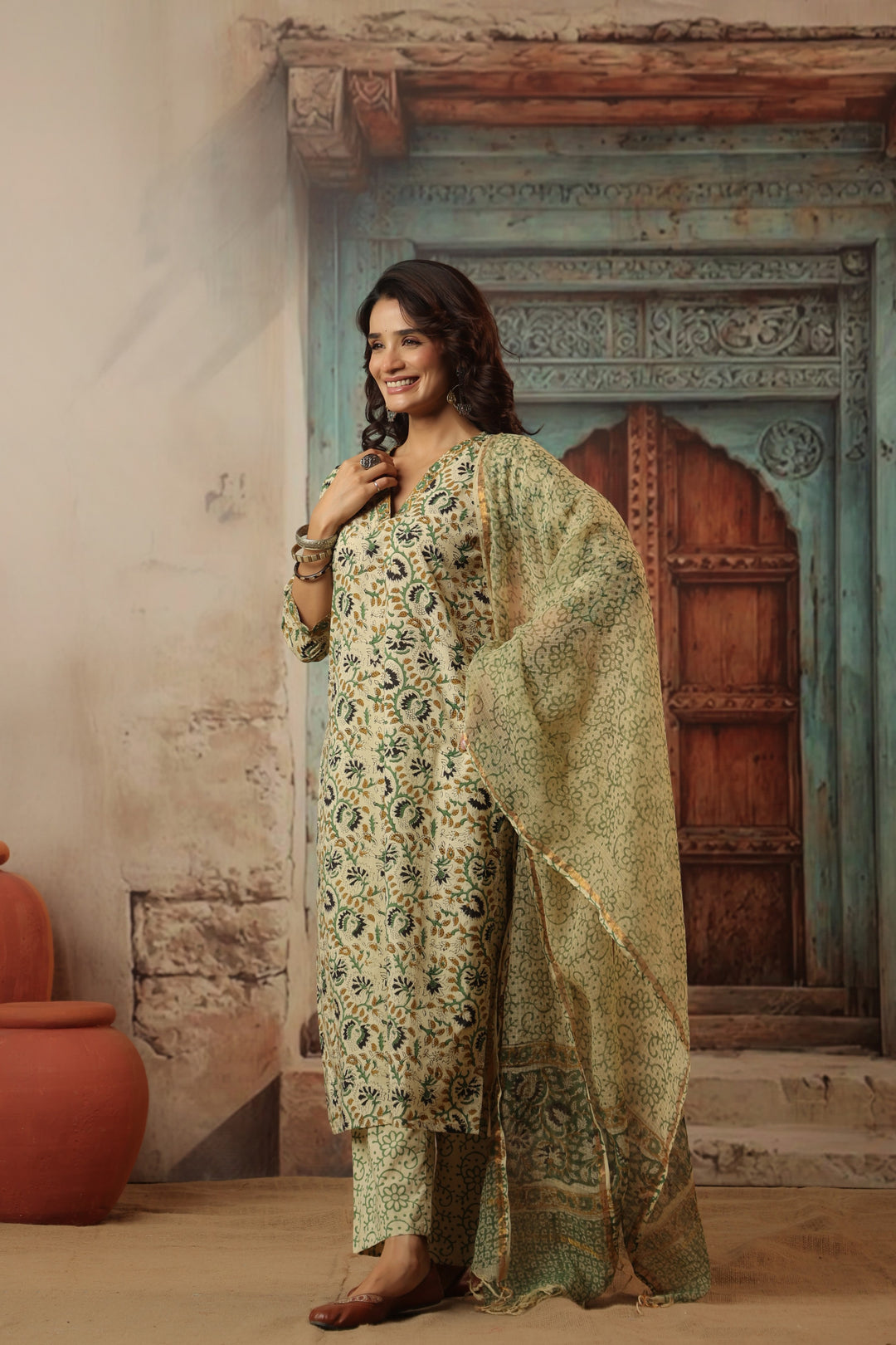 Gauri Beige Bagru Suit Set