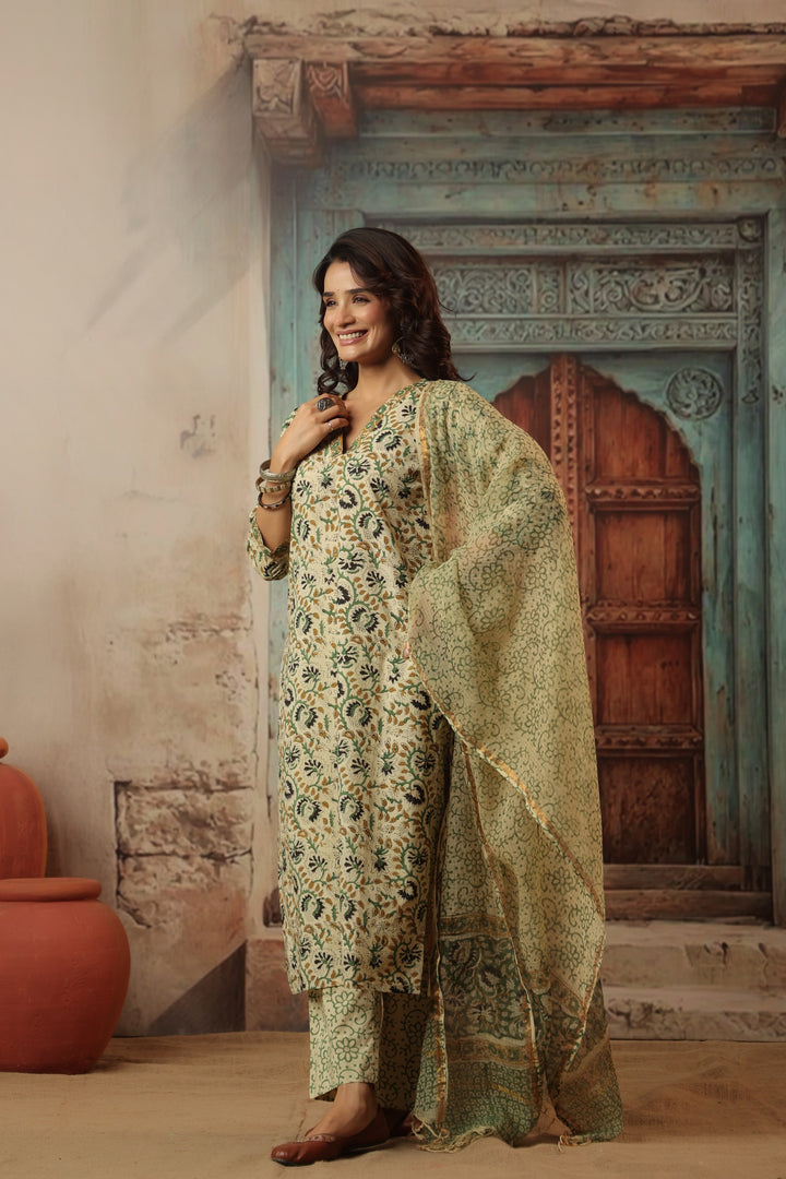 Gauri Beige Bagru Suit Set