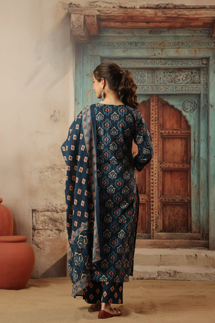 Navy Blue Ikkat Cotton Suit Set