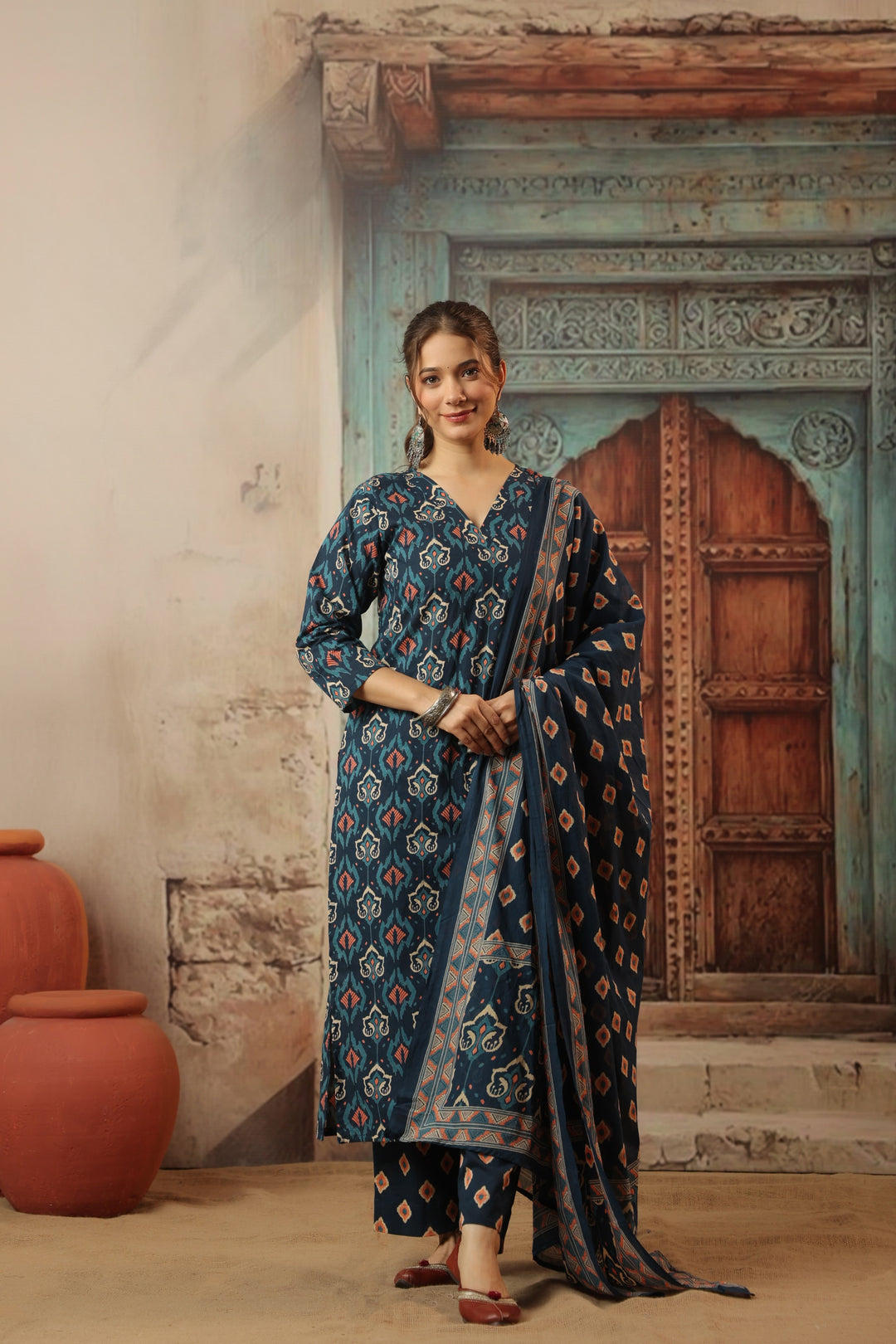 Navy Blue Ikkat Cotton Suit Set