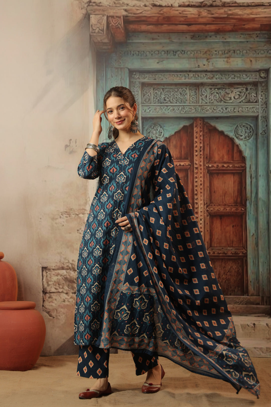 Navy Blue Ikkat Cotton Suit Set