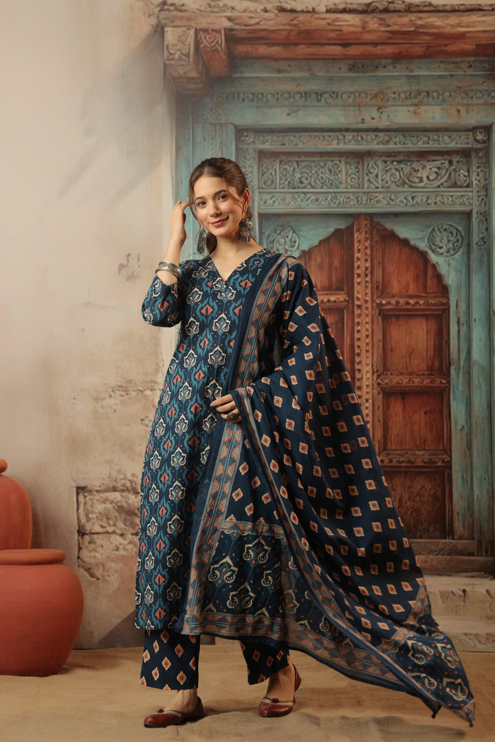 Navy Blue Ikkat Cotton Suit Set