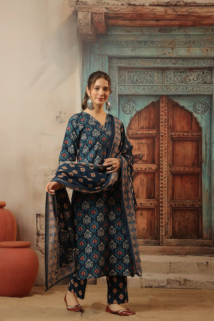 Navy Blue Ikkat Cotton Suit Set