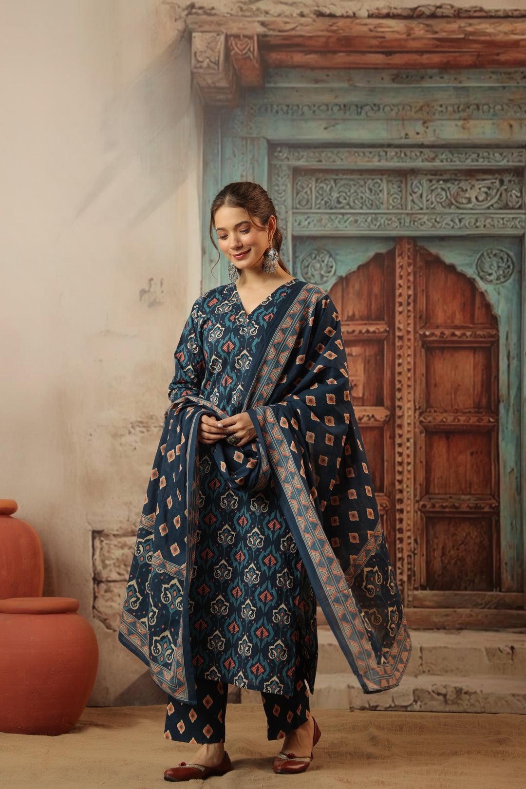 Navy Blue Ikkat Cotton Suit Set