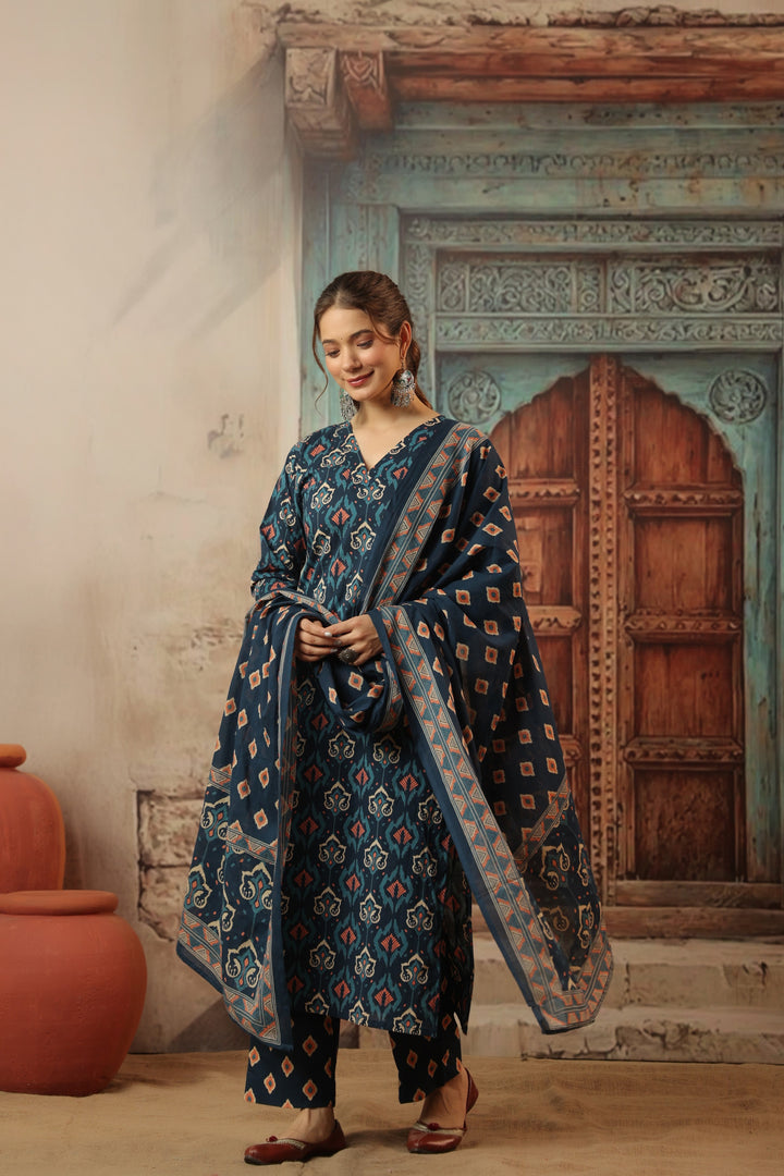 Navy Blue Ikkat Cotton Suit Set