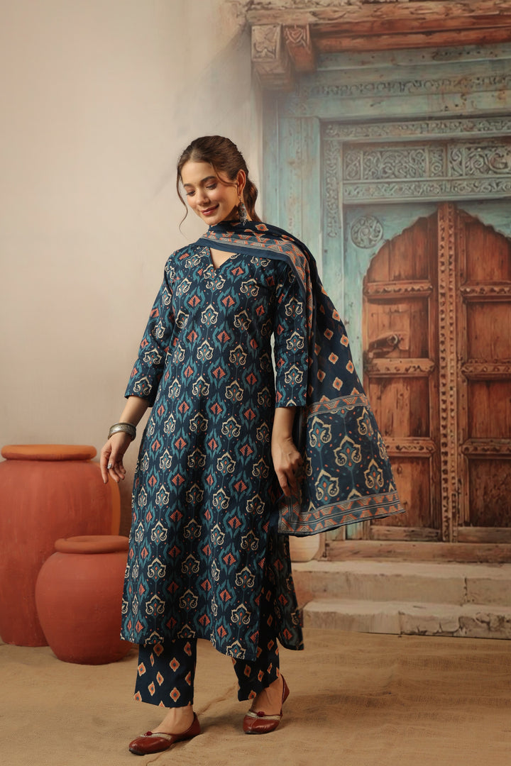 Navy Blue Ikkat Cotton Suit Set