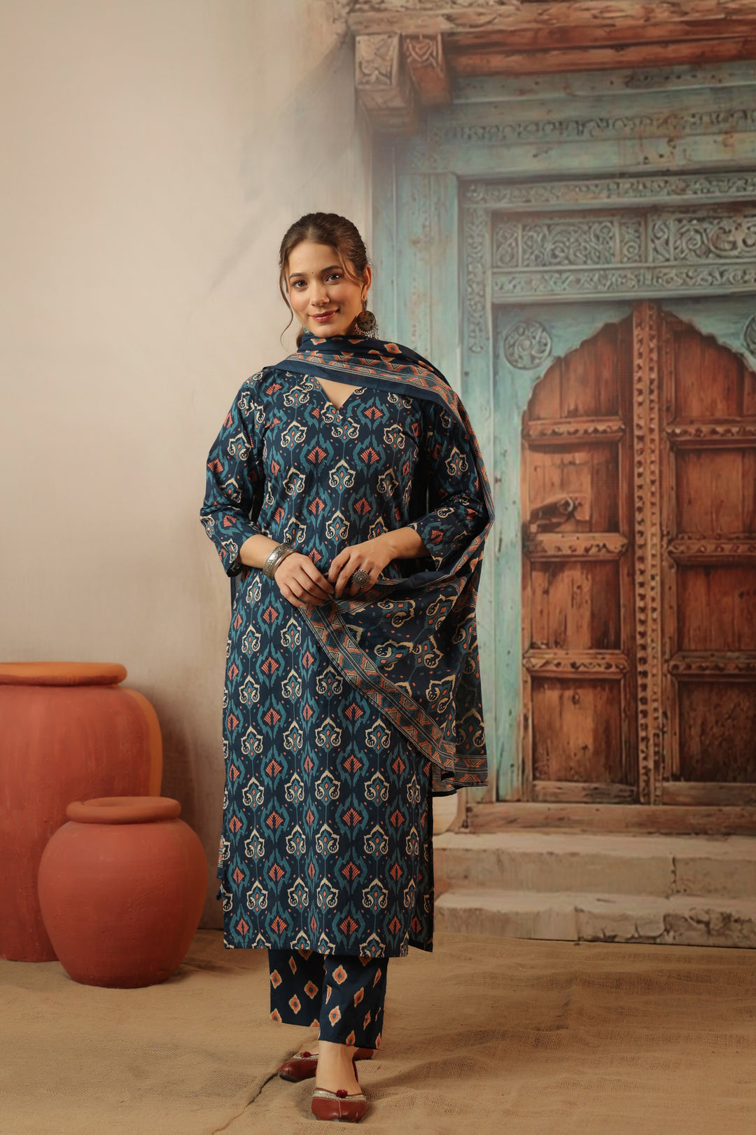 Navy Blue Ikkat Cotton Suit Set