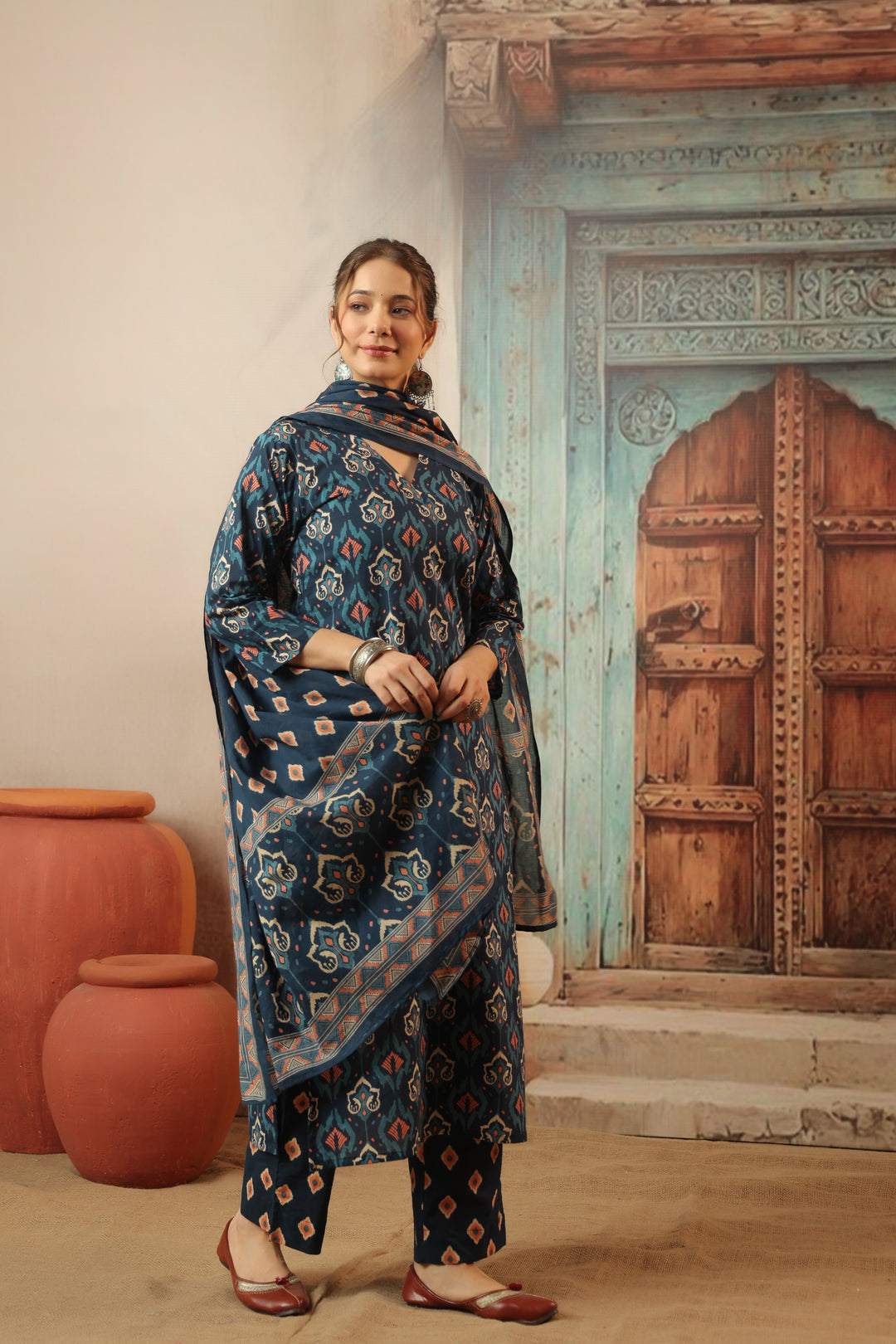 Navy Blue Ikkat Cotton Suit Set