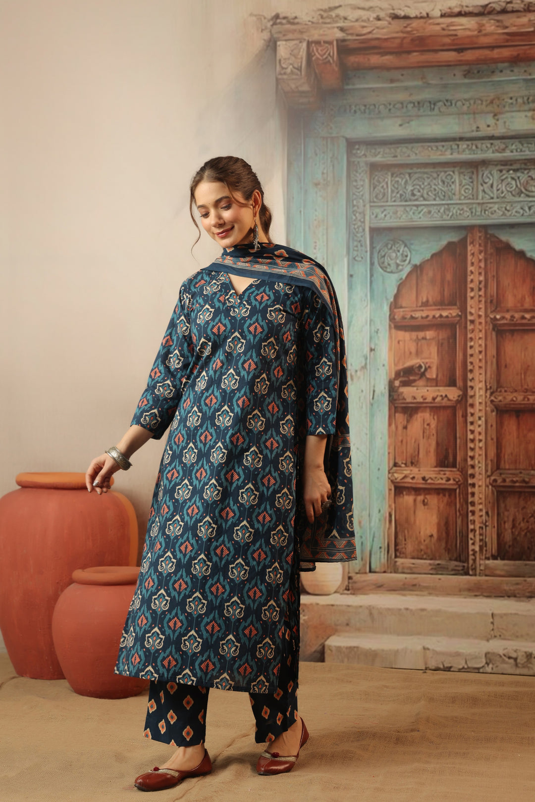 Navy Blue Ikkat Cotton Suit Set