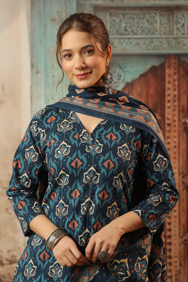 Navy Blue Ikkat Cotton Suit Set